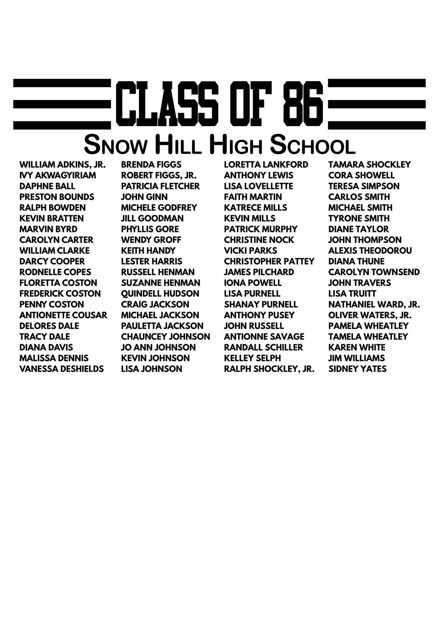 Class of 1986 T-Shirt and Sweatshirt (Snow Hill High School)