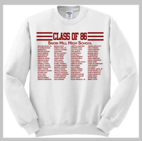 Class of 1986 T-Shirt and Sweatshirt (Snow Hill High School)